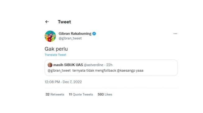 Cuitan Gibran Rakabuming saat ditanya warganet karena tidak follow back akun Kaesang. (screenshot)