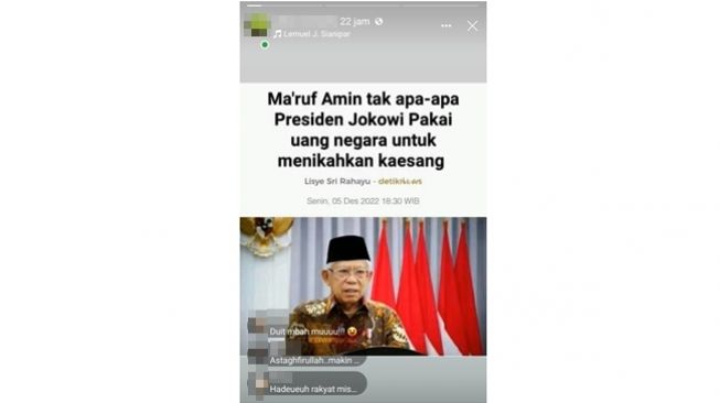 Tangkapan layar artikel Detik.com dengan narasi Wakil Presiden Ma'ruf Amin tidak mempermasalahkan Presiden Joko Widodo (Jokowi) memakai uang negara untuk menikahkan Kaesang Pangarep di Live Facebook sebuah akun. (Twitter/@MH7120CS)