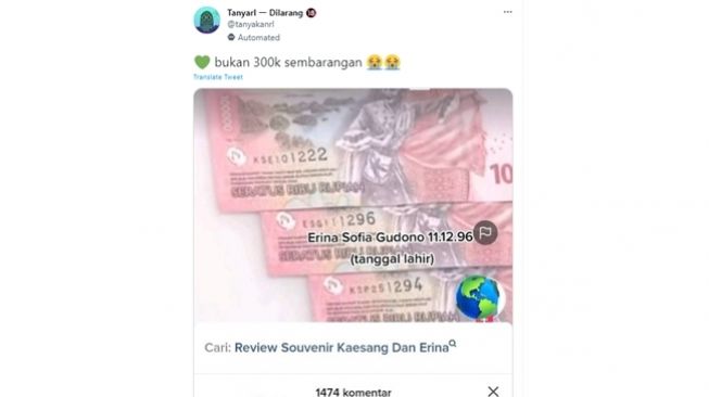 Tangkapan layar cuitan soal nomor seri khusus uang mahar sebesar Rp300 ribu dari Kaesang Pangarep untuk Erina Gudono. (Twitter/@tanyakanrl)