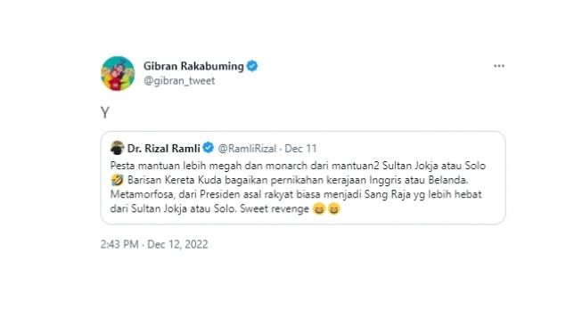 Tangkapan layar cuitan Gibran Rakabuming Raka menanggapi nyinyiran Rizal Ramli soal pernikahan Kaesang Pangarep yang dianggap lebih mewah daripada Sultan Jogja dan Solo. (Twitter/@gibran_tweet)