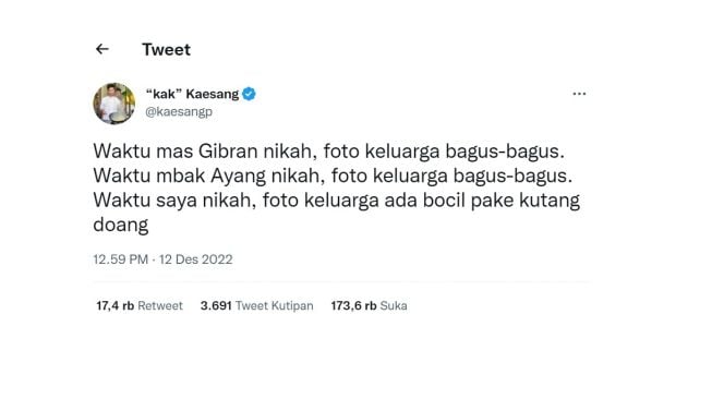 Cuitan Kaesang yang protes tentang foto keluarga di acara pernikahannya. (screenshot)