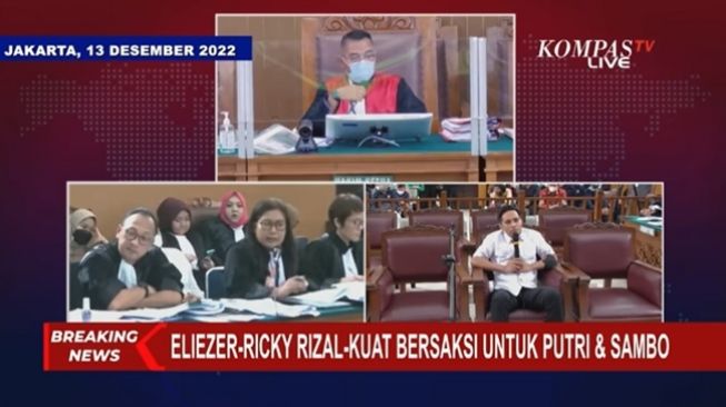 Bharada E alias Richard Eliezer Pudihang Lumiu dicecar penasihat hukum Putri Candrawathi, Sarmauli Simangunsong, di persidangan pembunuhan berencana Brigadir J pada Selasa (13/12/2022). (YouTube/KOMPASTV)