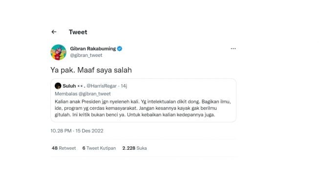 Tweet Gibran Rakabuming dikritik. (screenshot)