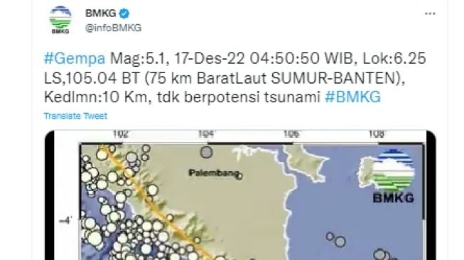 Gempa Bermagnitudo 5,2 Guncang Sumur Banten di Sabtu Pagi