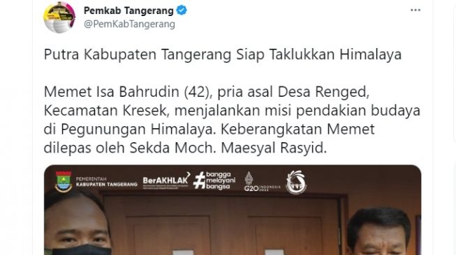 Cuitan Pemkab Tangerang soal pendakian Memet Isa Bahrudin ke Himalaya. (bidik layar Twitter)