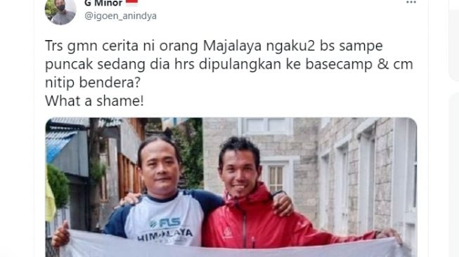 Cuitan menyoal pria Majalaya yang disebut kibarkan bendera Merah Putih di Puncak Himalaya faktanya ternyata foto orang lain. (bidik layar Twitter)