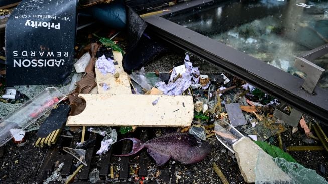 Seekor ikan mati tergeletak di puing-puing di depan hotel Radisson Blu, tempat akuarium besar yang terletak di lobi hotel meledak di Berlin, Jerman, Jumat (16/12/2022). [John MACDOUGALL / AFP]
