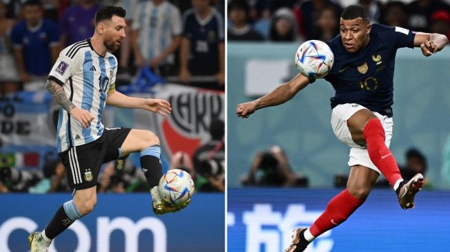 Kolase foto penyerang Timnas Argentina, Lionel Messi (kiri) dan penyerang Timnas Prancis, Kylian Mbappe tampil di Piala Dunia 2022. [Franck FIFE, Jewel SAMAD / AFP]