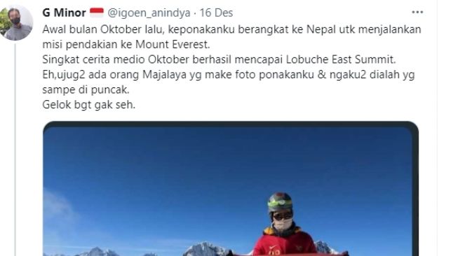 Fakta orang Majalaya diklaim sukses kibarkan bendera Merah Putih di Puncak Himalaya. (bidik layar Twitter)