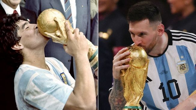 Kolase foto Diego Maradona (kiri) dan Lionel Messi mencium trofi Piala Dunia. [DOMINIQUE FAGET, Adrian DENNIS / AFP]