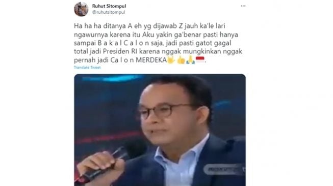 Tangkapan layar cuitan Ruhut Sitompul soal Anies Baswedan kemungkin gagal total menjadi calon presiden di Pemilu 2024. (Twitter/@ruhutsitompul)