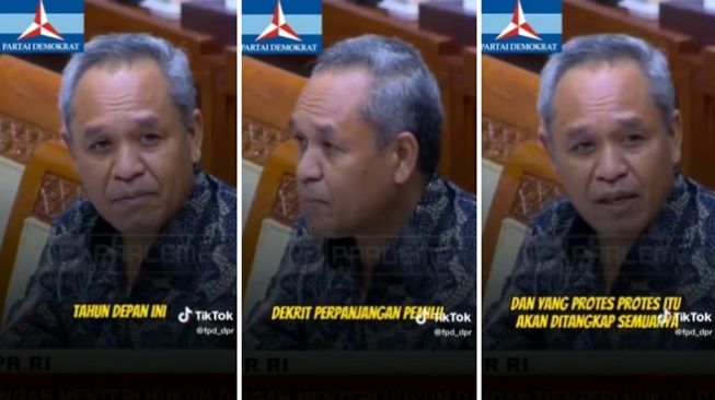 Tangkapan layar video viral Benny K Harman dari Partai Demokrat mengaitkan pengesahan UU KUHP dengan wacana penerbitan dekrit penundaan pemilu. (TikTok/@fpd_dpr)