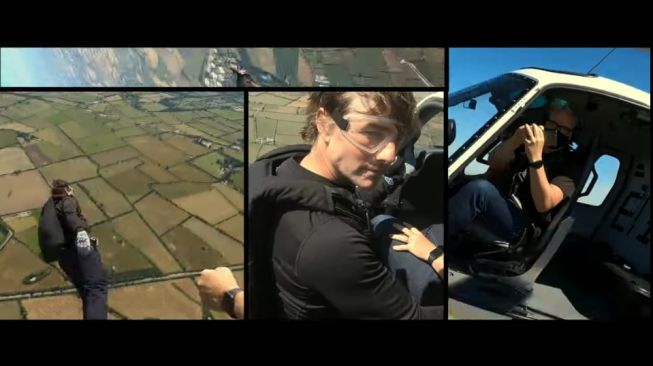 Tom Cruise saat terjun dari helikopter buat syuting film Mission Impossible: Dead Reckoning [YouTube/Paramount Pictures]