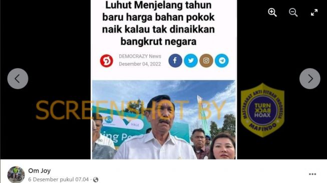 CEK FAKTA: Cegah Negara Bangkrut, Luhut Sebut Harga Bahan Pokok Naik Jelang Tahun Baru, Benarkah?