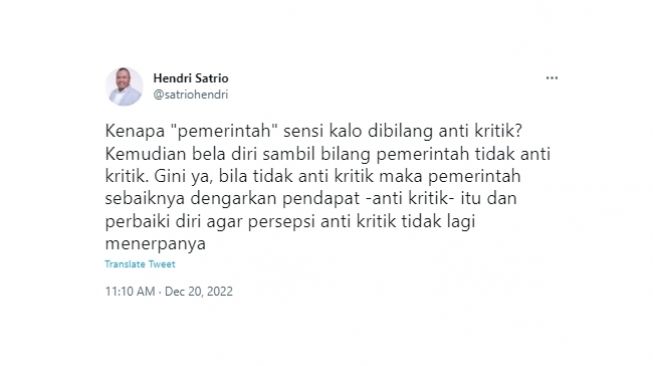 Cuitan Hendri Satrio soal debat Anies Baswedan sindrom Thanos vs pemerintah anti kritik. (Twitter/@hendrisatrio)