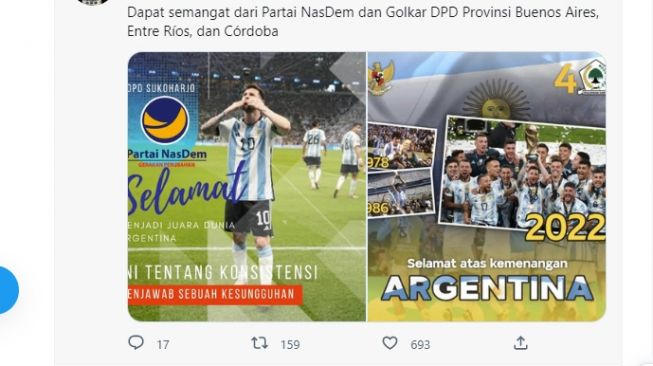 Kemenangan Argentina jadi ajang narsis para politisi Indonesia. (Twitter)