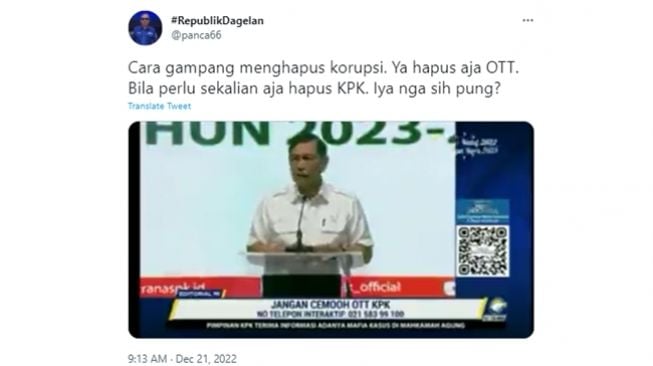 Tangkapan layar cuitan satire Politikus Partai Demokrat Cipta Panca Laksana menanggapi usul Menko Marives Luhut Binsar Pandjaitan agar jangan sering-sering OTT KPK dan memaksimalkan digitalisasi. (Twitter/@panca66)