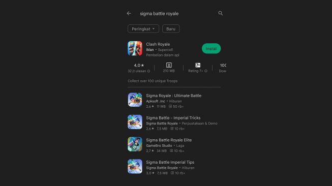 Pencarian Sigma Battle Royale di Google Play Store. (screenshot)