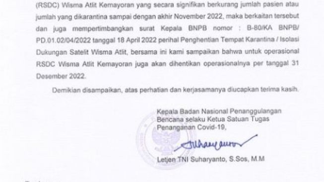 Beredar surat berisikan keputusan RSDC Wisma Atlet Kemayoran berhenti beroperasi per 31 Desember 2022. (Ist)