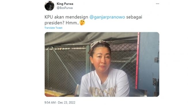 Tangkapan layar cuitan @BosPurwa soal Wanita Emas alias Hasnaeni Moein menyebut KPU mendesain Ganjar Pranowo jadi Presiden di Pemilu 2024. (Twitter/@BosPurwa)