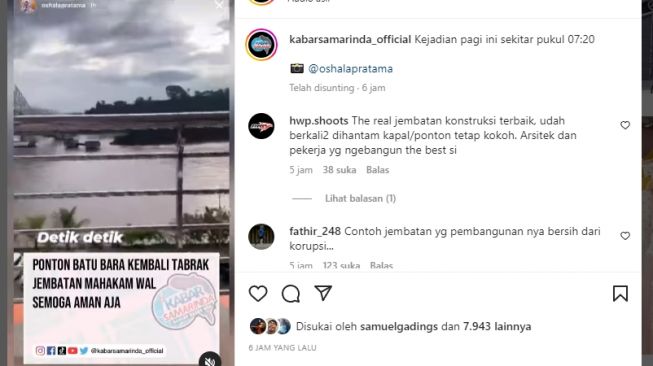 Heboh, Video Detik-detik Kapal Ponton Tabrak Jembatan Mahakam Samarinda