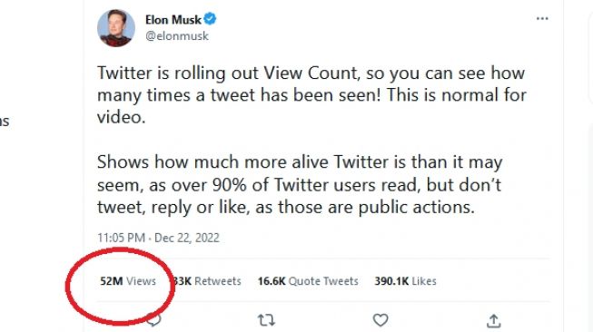 Cuitan Elon Musk tentang fitur baru Twitter View Count pada 22 Desember 2022 sudah dibaca lebih dari 52 juta kali. [Twitter/elonmusk]