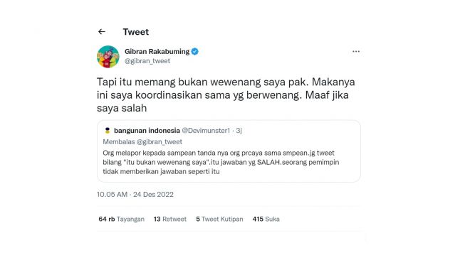 Gibran Rakabuming menanggapi tweet warganet. (sreenshot)