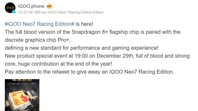 Bocoran iQOO Neo7 Racing Edition. [Weibo]