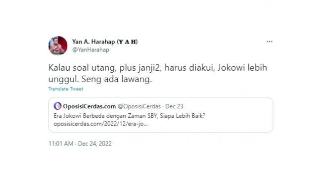 Tangkapan layar cuitan kader Partai Demokrat, Yan A Harahap, soal keunggulan Presiden Joko Widodo dibandingkan Presiden ke-6 Susilo Bambang Yudhoyono (SBY). (Twitter/@YanHarahap)