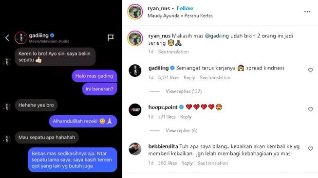 Dm Gading Marten ke driver ojol yang akan ia dikirimi sepatu. (Instagram/ ryan_nus)