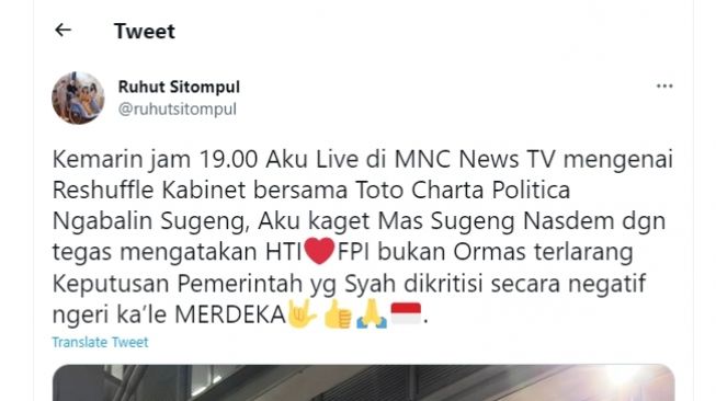 Tangkapan layar cuitan politikus PDIP, Ruhut Sitompul, sebut politikus Partai NasDem, Sugeng Suparwoto, menyatakan HTI dan FPI bukan ormas terlarang. (Twitter/@ruhutsitompul)