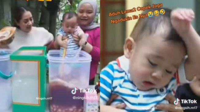 Rayyanza Cipung kecapekan mengaduk es. (TikTok/ ningsih.rn17)