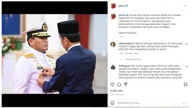 Tangkapan layar unggahan Presiden Joko Widodo lantik KSAL Laksamana TNI Muhammad Ali. (Instagram/@jokowi)