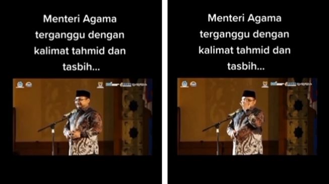 Tangkapan layar video Menteri Agama Yaqut Cholil Qoumas bercanda menyebut zikir mengganggu konsentrasi sehingga melupakan nama Rektor UIN Syarif Hidayatullah Jakarta, Amany Burhanuddin Umar Lubis. (Instagram/@lamputerangofficial)