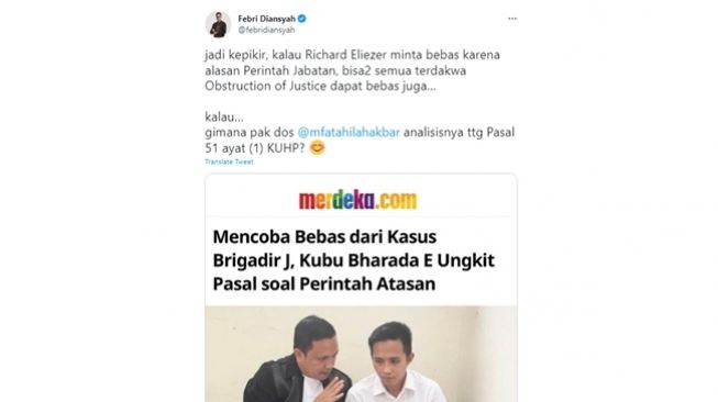 Tangkapan layar cuitan Febri Diansyah soal alibi perintah jabatan yang disampaikan kubu Bharada E alias Richard Eliezer Pudihang Lumiu yang berbalik memberatkan Ferdy Sambo. (Twitter/@febridiansyah)