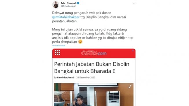 Tangkapan layar cuitan Febri Diansyah soal alibi perintah jabatan yang disampaikan kubu Bharada E alias Richard Eliezer Pudihang Lumiu yang berbalik memberatkan Ferdy Sambo. (Twitter/@febridiansyah)