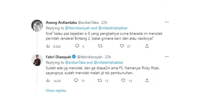 Tangkapan layar cuitan Febri Diansyah soal alibi perintah jabatan yang disampaikan kubu Bharada E alias Richard Eliezer Pudihang Lumiu yang berbalik memberatkan Ferdy Sambo. (Twitter/@febridiansyah)