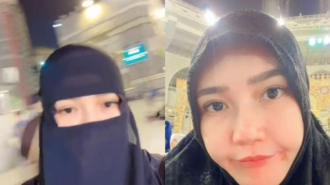 Potret artis pakai cadar saat umrah (Instagram/@viavallen)