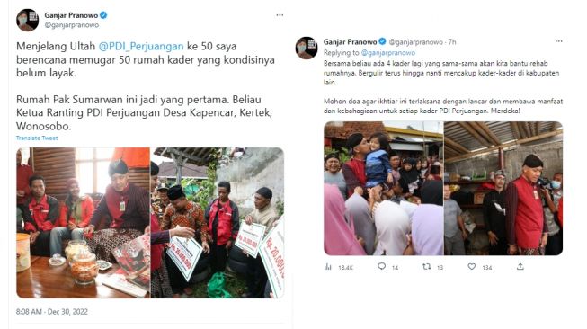 Cuitan Ganjar soal Rencana Pugar Rumah Kader PDIP. (Twitter/ganjarpranowo)