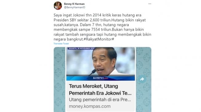 Tangkapan layar cuitan politikus Partai Demokrat, Benny K Harman soal makin bengkaknya utang di era Jokowi dibandingkan dengan era SBY. (Twitter/@BennyHarmanID)