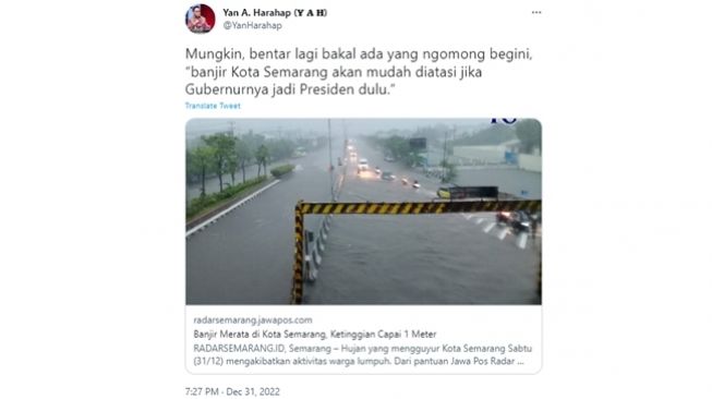 Tangkapan layar cuitan Politikus Demokrat Yan A Harahap soal banjir Semarang yang diduga menyindir Gubernur Jawa Tengah Ganjar Pranowo. (Twitter/@YanHarahap)