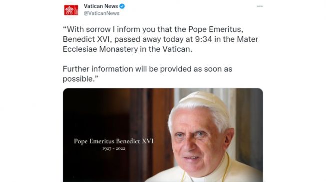 Vatikan mengonfirmasi kabar Paus Benediktus XVI meninggal dunia (Twitter/@VaticanNews)