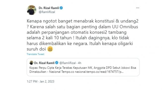 Tangkapan layar cuitan Rizal Ramli soal penerbitan Perppu Cipta Kerja. (Twitter/@RamliRizal)