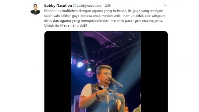 Tangkapan layar cuitan Wali Kota Medan Bobby Nasution mengumumkan Kota Medan anti LGBT. (Twitter/@bobbynasution_)