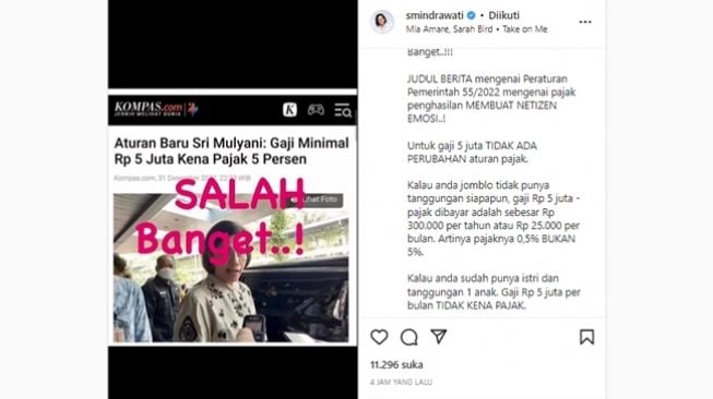 Tangkapan layar simulasi hitungan pajak penghasilan 5% untuk penerima gaji Rp5 juta ala Sri Mulyani. (Instagram/@smindrawati)