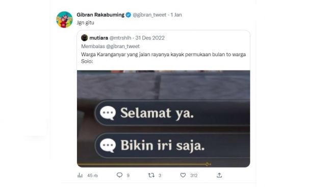 Tanggapan Gibran Rakabuming. (screenshot)