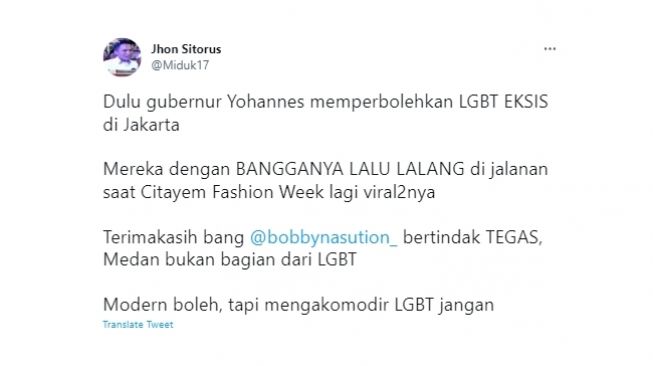 Tangkapan layar cuitan pegiat media sosial Jhon Sitorus yang mencatut Anies Baswedan soal kebijakan Kota Medan anti LGBT. (Twitter/@Miduk17)