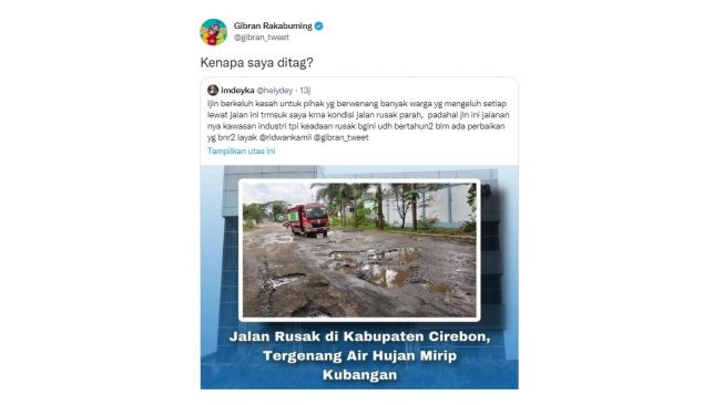 Tweet Gibran Rakabuming soal mention tag jalan rusak di Cirebon. (Screenshot)