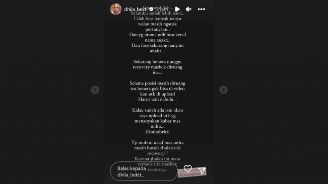 Aldila Jelita kabarkan kondisi terkini Indra Bekti (Instagram/@dhila_bekti)