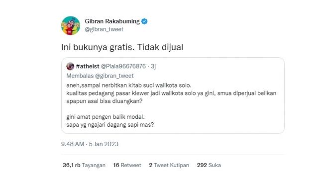 Tanggapan Gibran Rakabuming saat warganet julid tentang bukunya. (screenshot)